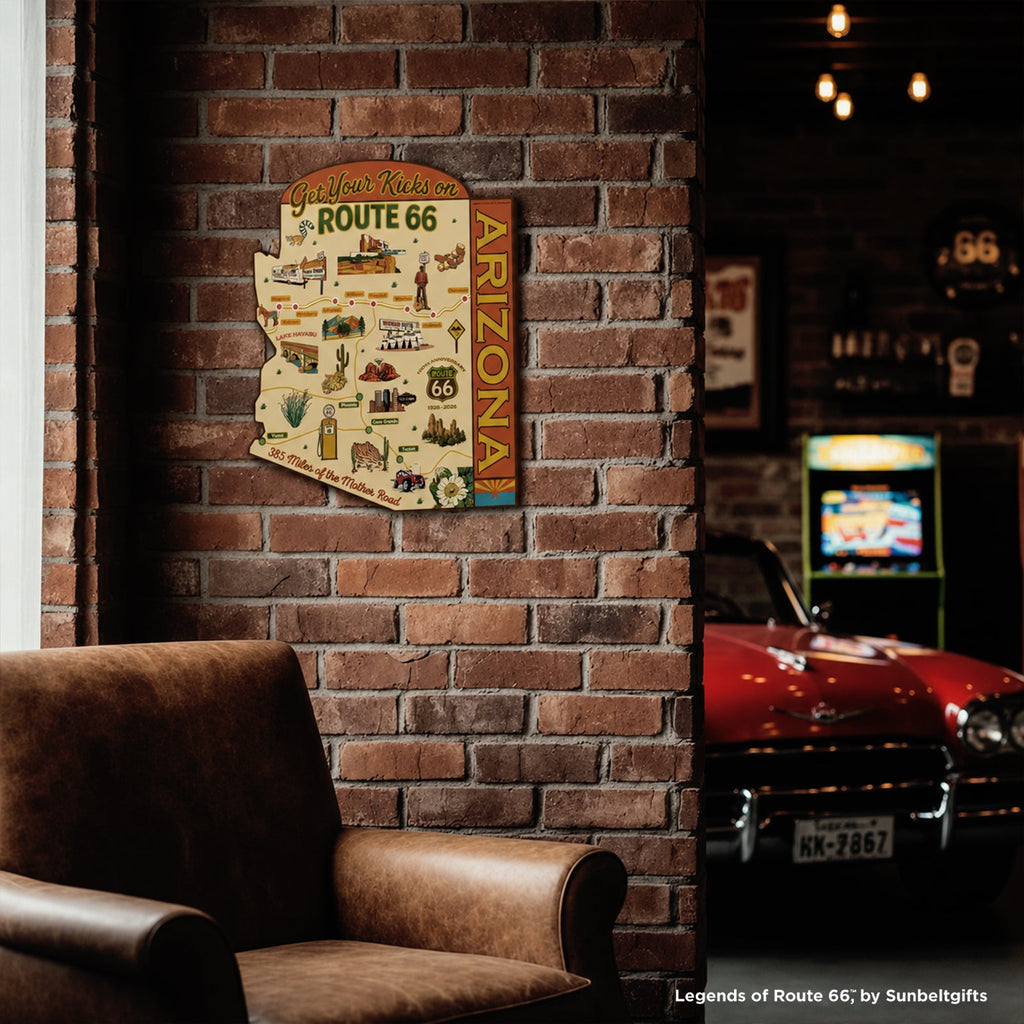 Legends of Route 66 Arizona die-cut steel sign displayed in vintage garage setting on red brick wall