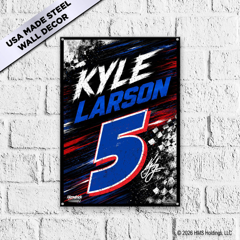 Kyle Larson #5 Race Day Speed Hendrick Motorsports black steel sign on white brick wall — bold blue number with red border, speed streaks, and checkered flag corner bursts
