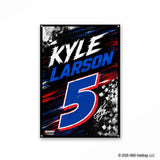Kyle Larson #5 Race Day Speed Hendrick Motorsports metal sign on white background showing full design with solid blue #5, red border, diagonal speed streaks, and checkered flag shatters