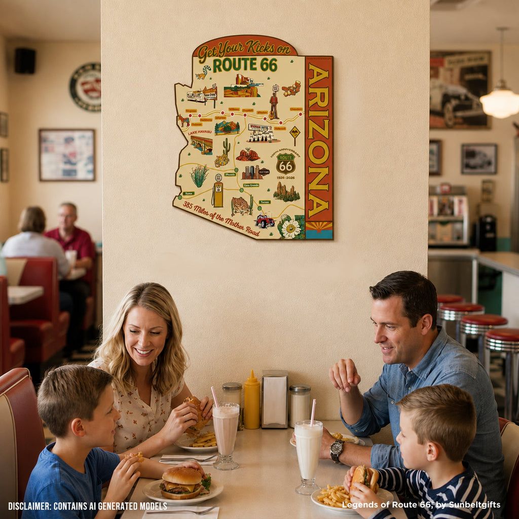 Legends of Route 66 Arizona metal wall sign displayed in classic American diner lifestyle setting