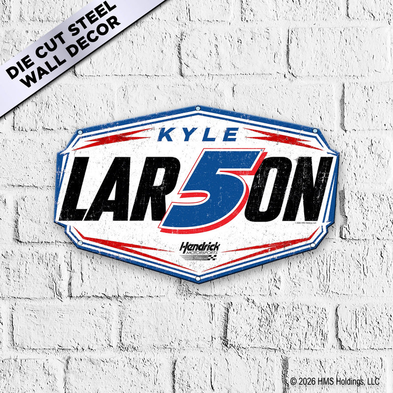 Kyle LAR5ON Black Edition Hendrick Motorsports die-cut octagonal steel badge sign on white brick wall — bold black distressed lettering with blue gradient #5 and red swoosh