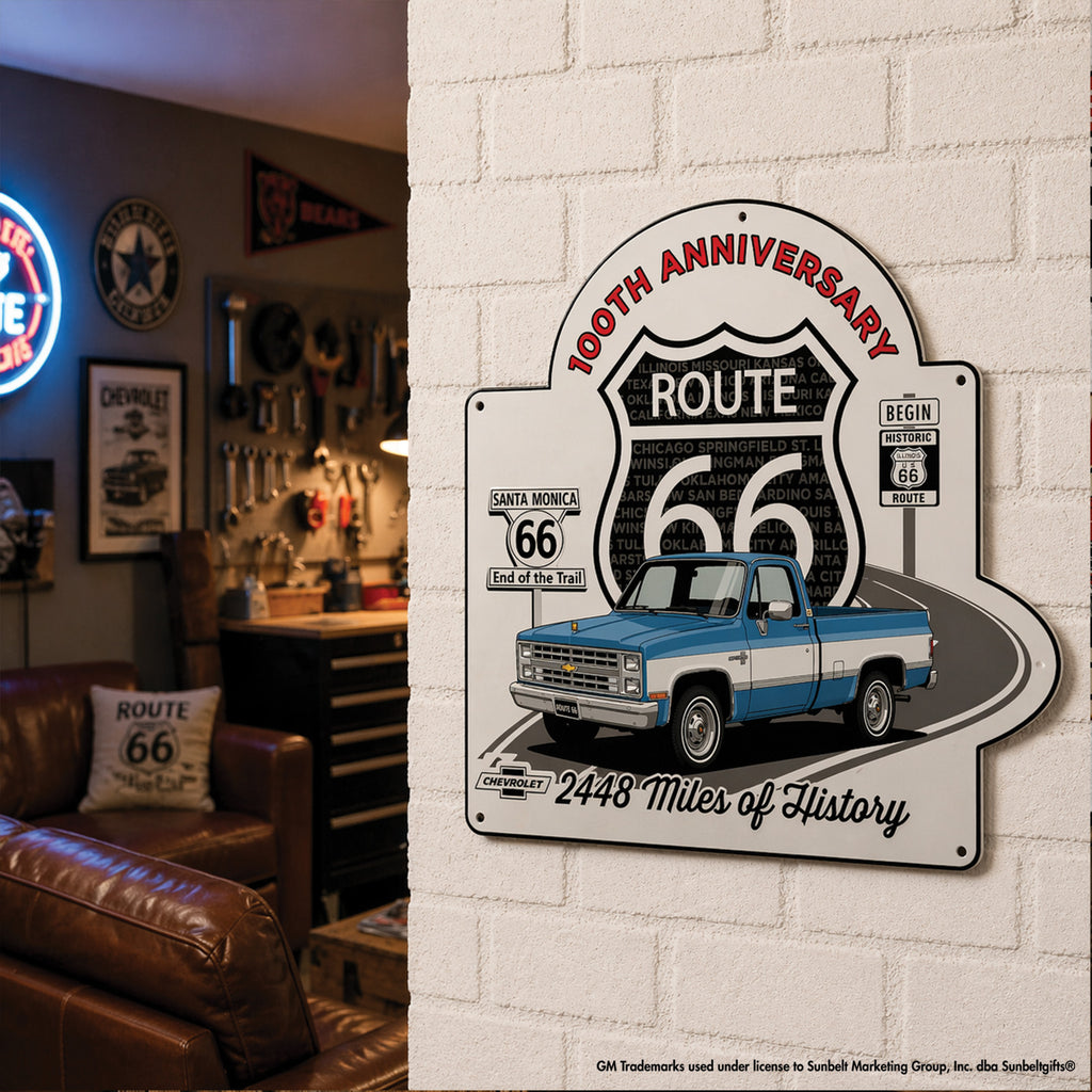 1987 Chevrolet C10 Blue and White Two Tone Route 66 100th Anniversary Die Cut USA Made Metal Sign- Available in 2 sizes