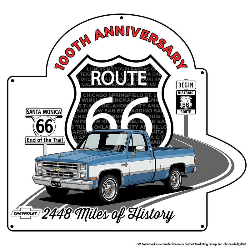1987 Chevrolet C10 Blue and White Two Tone Route 66 100th Anniversary Die Cut USA Made Metal Sign- Available in 2 sizes