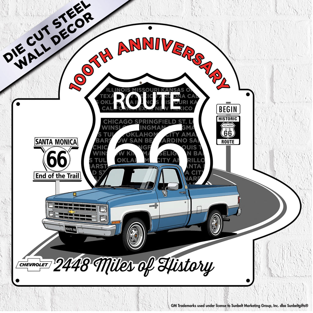 1987 Chevrolet C10 Blue and White Two Tone Route 66 100th Anniversary Die Cut USA Made Metal Sign- Available in 2 sizes