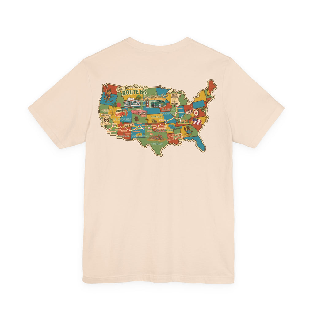 Legends of Route 66 100th Anniversary Landmark Map Design Cotton Front and Back Printed Short Sleeve Tee