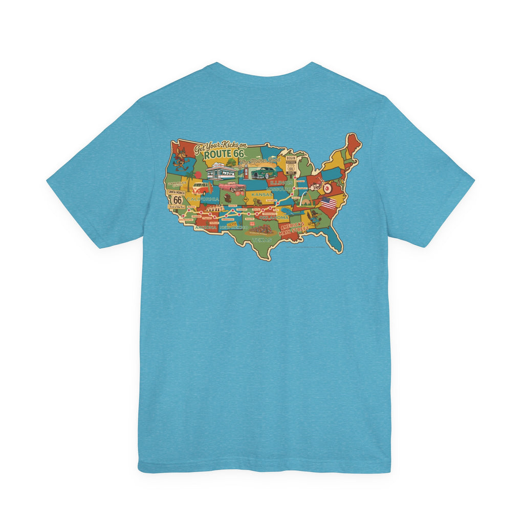 Legends of Route 66 100th Anniversary Landmark Map Design Cotton Front and Back Printed Short Sleeve Tee