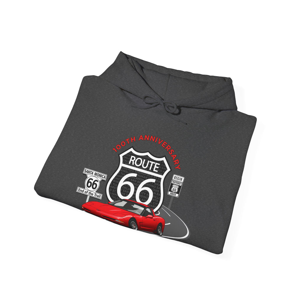 C5 Corvette Route 66 100th Anniversary Hooded Sweatshirt – Legends of the Road, Perfect for the Corvette Fan