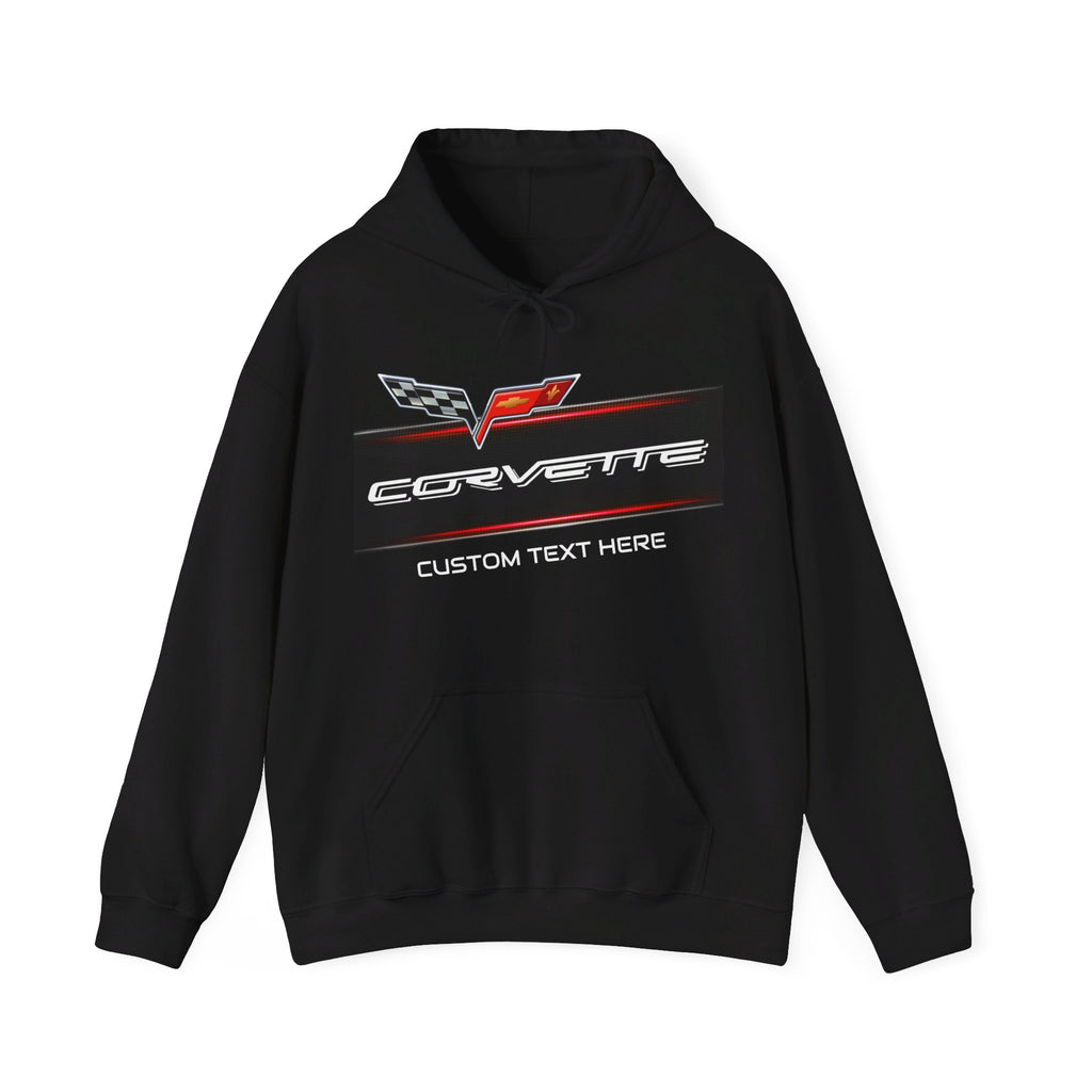 Personalized Corvette C6 Racing Flag Logo Hoodie, Customizable C6 Unisex Fleece, 50/50 Cotton-Poly Blend, Soft & Comfy, Classic Fit, Perfect for Corvette Fans, Men & Women