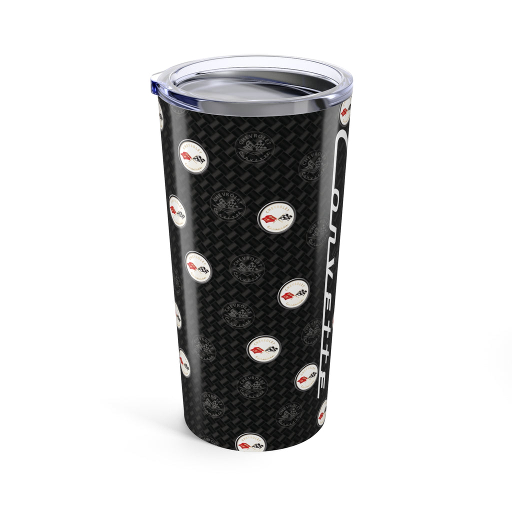 Corvette C1 Logo Toss Pattern Carbon Tumbler 20oz | Retro Car Lover Travel Cup, Gift for Him, Car Enthusiast, Father's Day, Road Trip