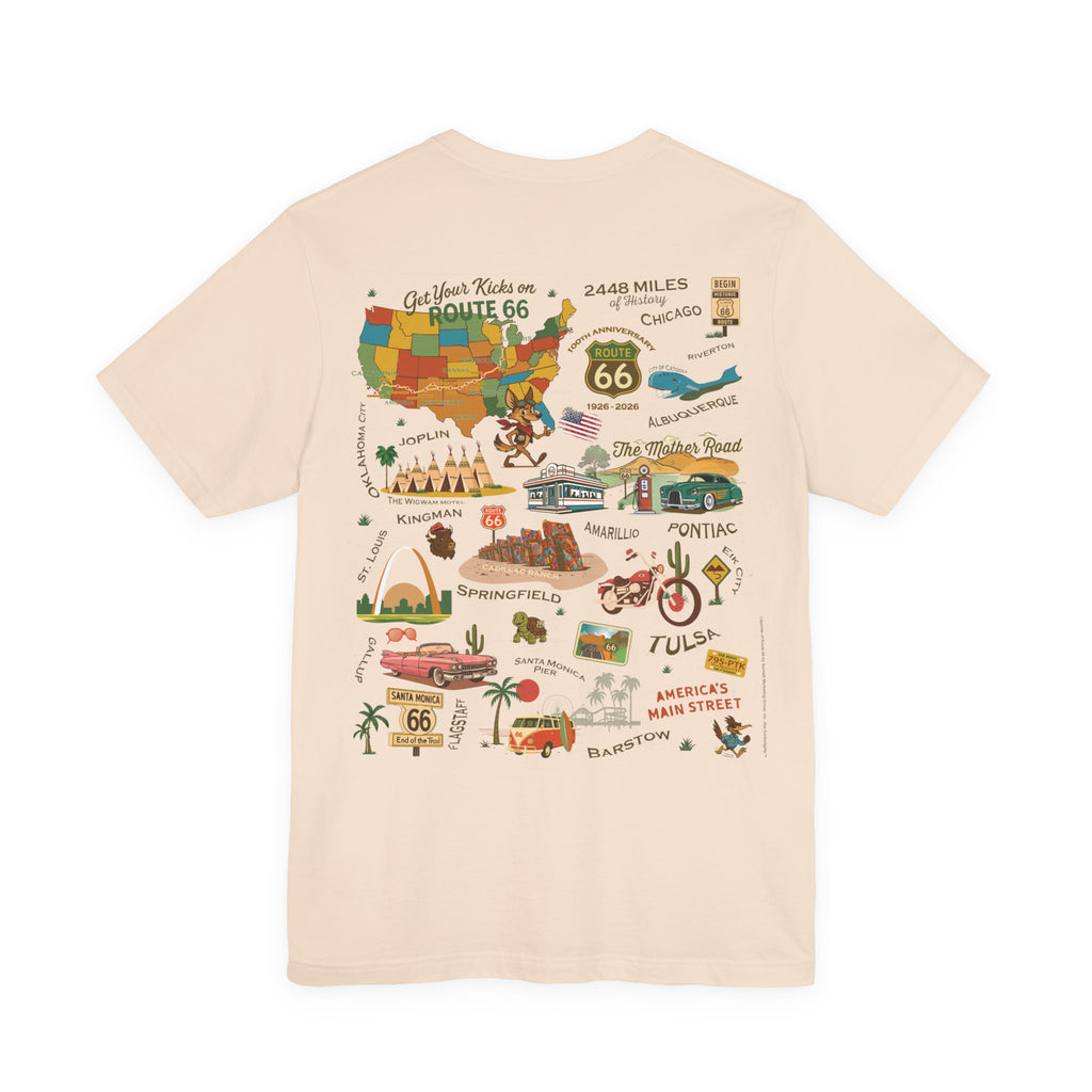 Legends of Route 66 100th Anniversary Landmark Collage Design Cotton Front and Back Printed Short Sleeve Tee