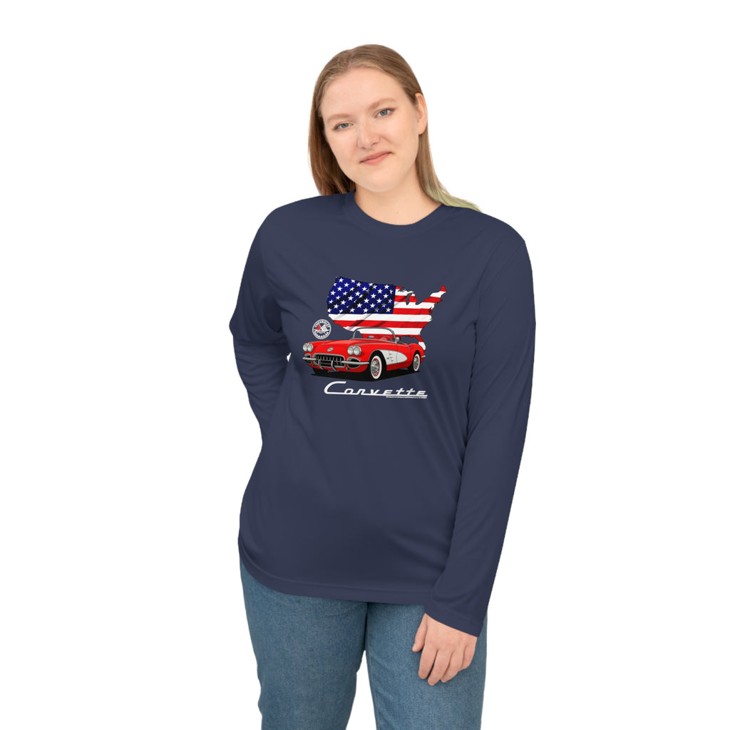 C1 Corvette American Flag Hooded Performance Long Sleeve Tee Legends of the Road – Perfect for the Corvette Fan
