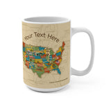 Mug with a colorful map of the United States and 'Your Text Here' text on a beige background