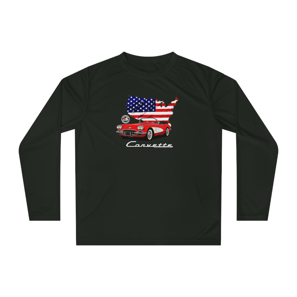 C1 Corvette American Flag Hooded Performance Long Sleeve Tee Legends of the Road – Perfect for the Corvette Fan