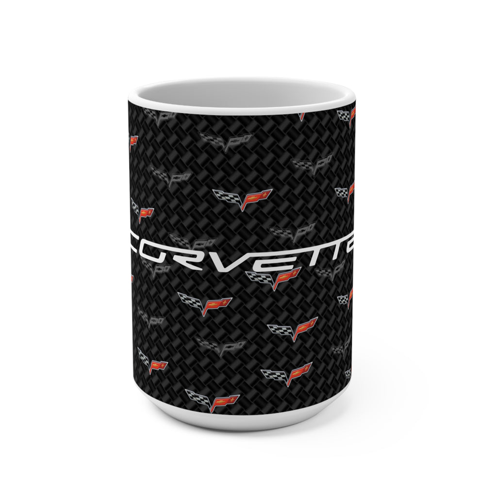 Corvette C6 15oz Ceramic Mug – Corvette Script & C6 Logos on Carbon Background, Perfect Corvette Fan Gift