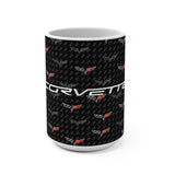 Corvette C6 15oz Ceramic Mug – Corvette Script & C6 Logos on Carbon Background, Perfect Corvette Fan Gift