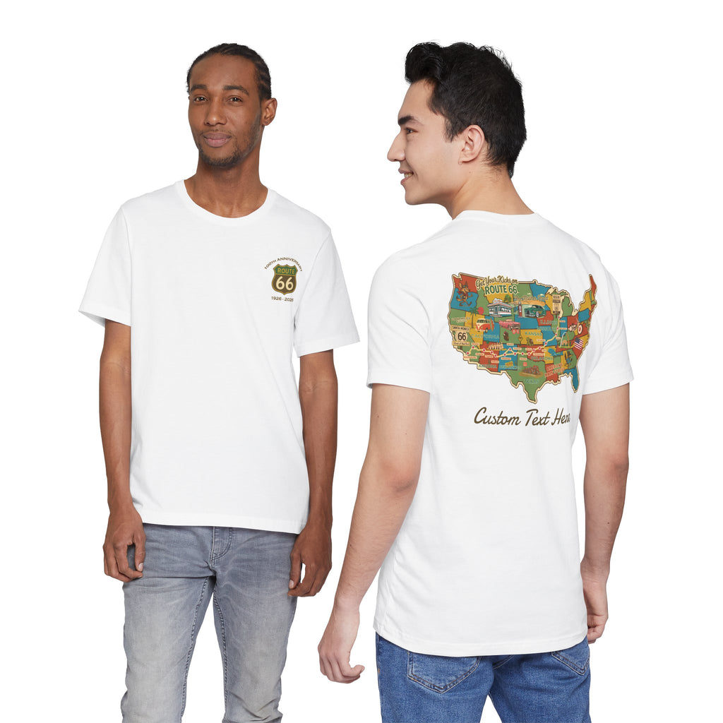 Legends of Route 66 100th Anniversary Landmark Map Design Cotton Front and Back Printed Personalized Short Sleeve Tee