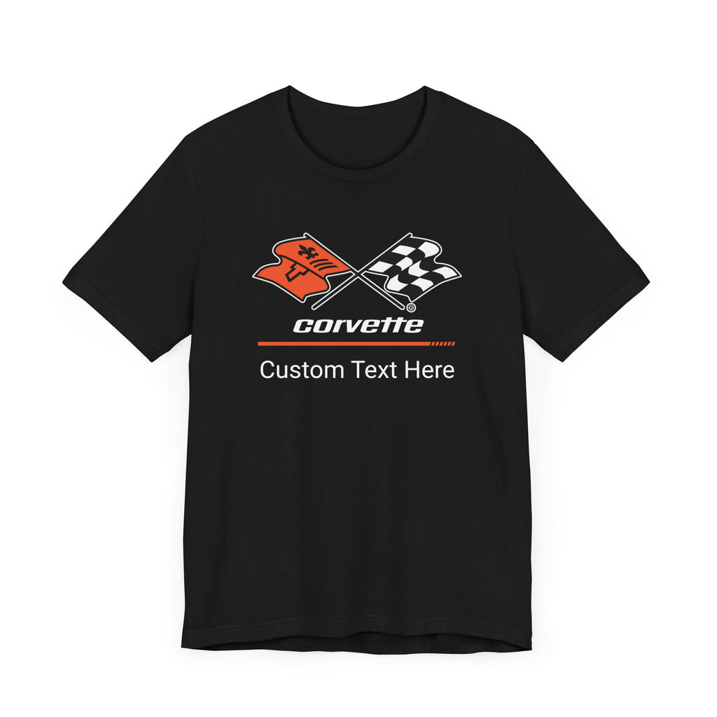 Corvette C3 Racing Flag Logo Personalized T-Shirt, Short Sleeve for Men and Women, Soft Cotton Checkered Flag Design, Gift Idea for Chevrolet Corvette Fans, Custom Car Enthusiast Apparel