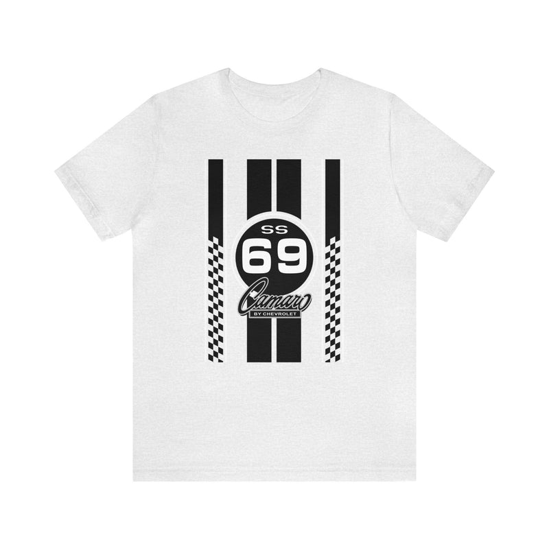 1969 Camaro SS Checkered Stripes Unisex Jersey Short Sleeve T-Shirt, Chevy Tee Gift for Camaro Fans, Car Lovers, and Muscle Car Enthusiasts