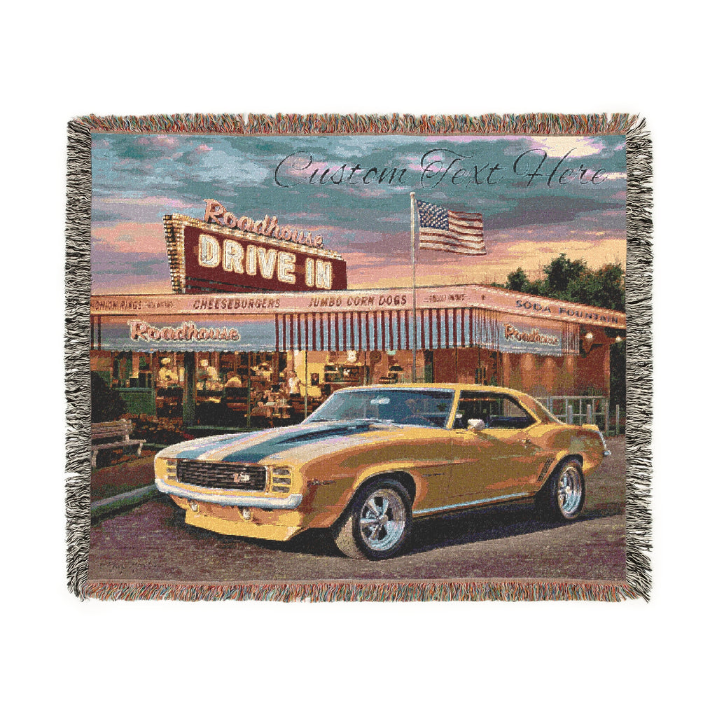 1969 Camaro Personalized Drive in Diner Scene by Renowned Artist Greg Giordano,  100% Cotton Woven Tapestry Blanket with Fringe,  50 x 60 inches, Made in the USA