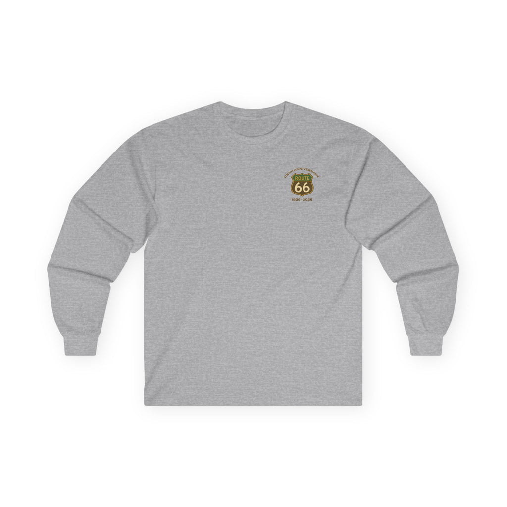 Legends of Route 66 100th Anniversary Iconic Highway Shield Design Cotton Front and Back Printed Personalized Tee- Long Sleeve