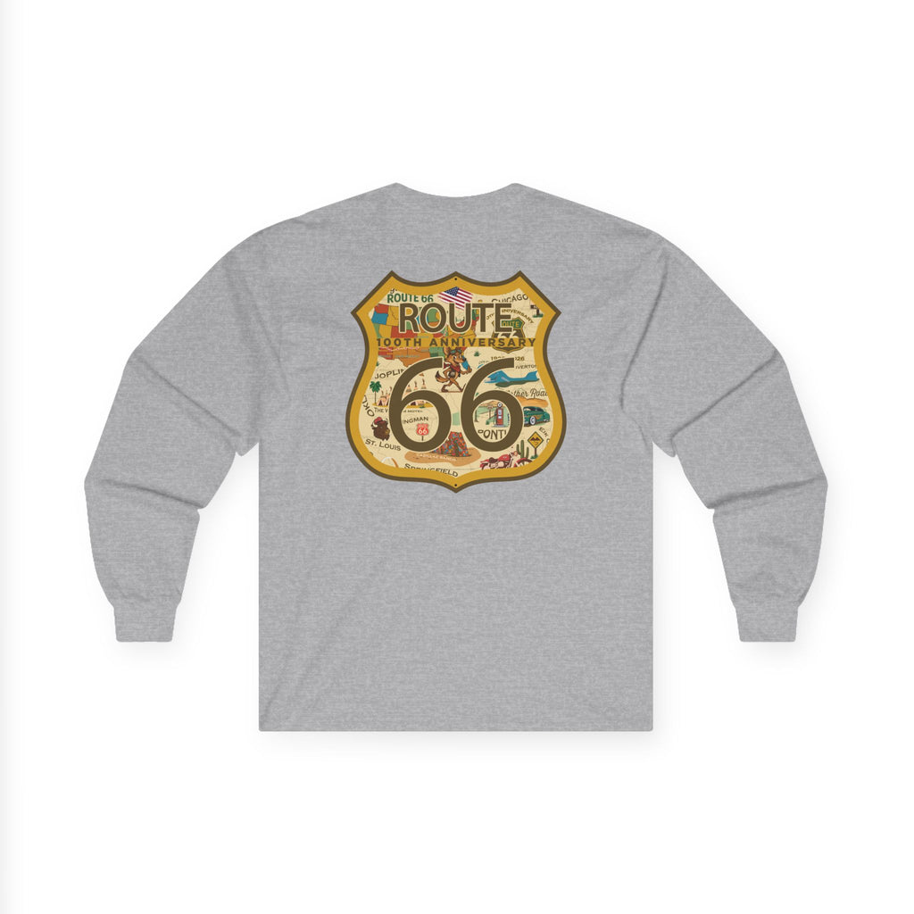 Legends of Route 66 100th Anniversary Iconic Highway Shield Design Cotton Front and Back Printed Tee - Long Sleeve