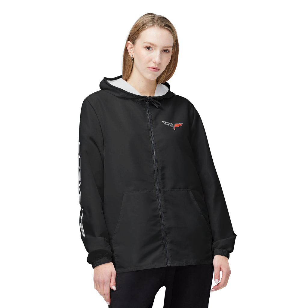 Corvette C6 Lightweight Hooded Windbreaker Jacket, Front Pockets, Elastic Cuffs, Water and Wind resistant