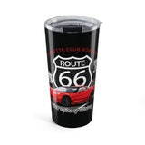 Black tumbler with red car design and Route 66 logo on a white background
