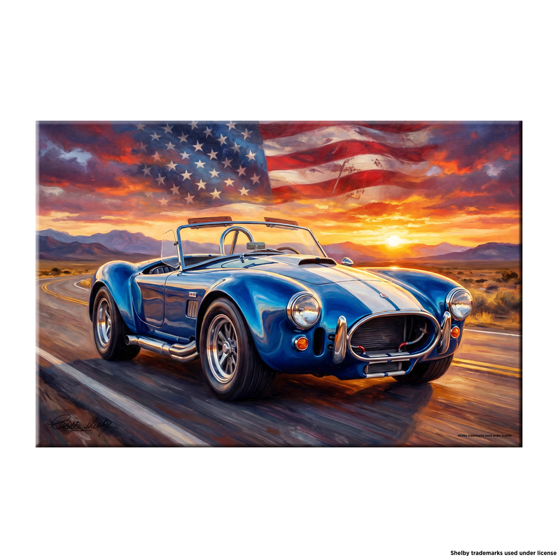 Carroll Shelby Blue Cobra 427 Open-Top Roadster Desert Highway Sunset American Flag Canvas Wall Art