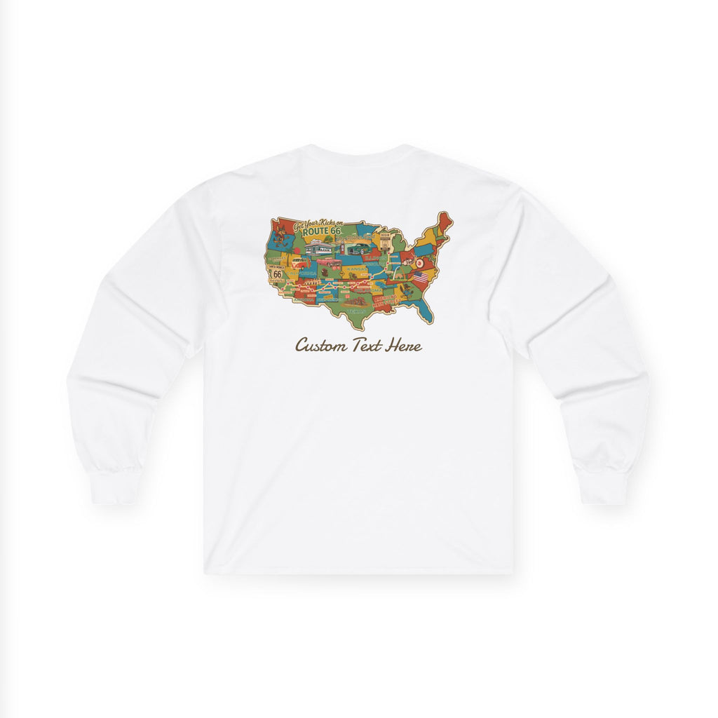 Legends of Route 66 100th Anniversary USA Map Cotton Front and Back Printed Personalized Tee- Long Sleeve