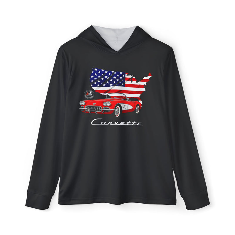 C1 Corvette American Flag Hooded Performance Long Sleeve Tee – Legends of the Road, Perfect for the Corvette Fan