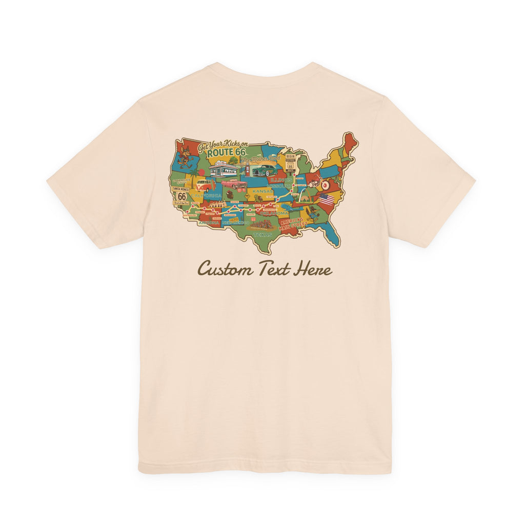 Legends of Route 66 100th Anniversary Landmark Map Design Cotton Front and Back Printed Personalized Short Sleeve Tee