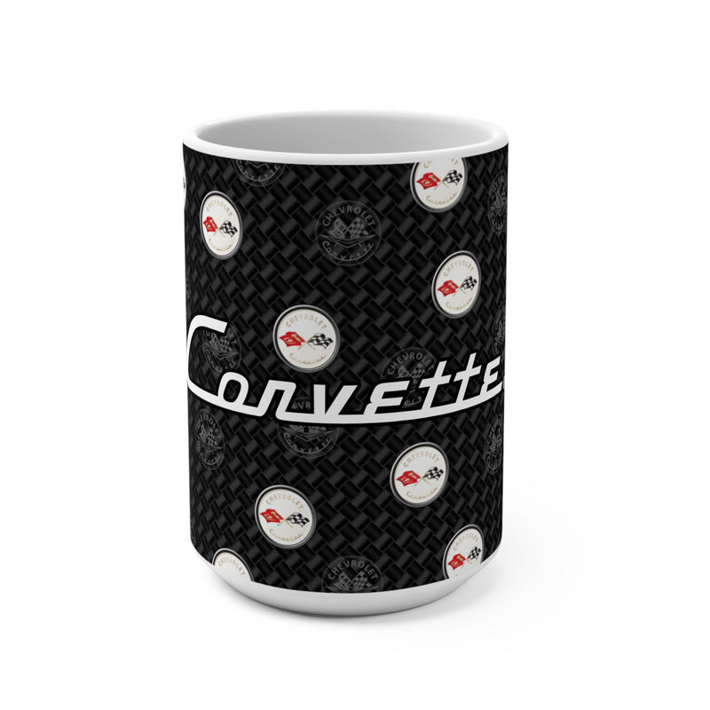 Corvette C1 15oz Ceramic Mug – Corvette Script & C1 Logos on Carbon Background, Perfect Corvette Fan Gift