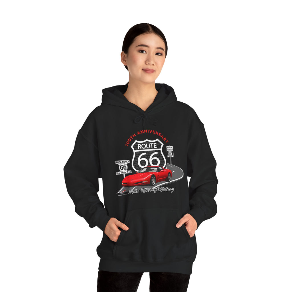 C5 Corvette Route 66 100th Anniversary Hooded Sweatshirt – Legends of the Road, Perfect for the Corvette Fan