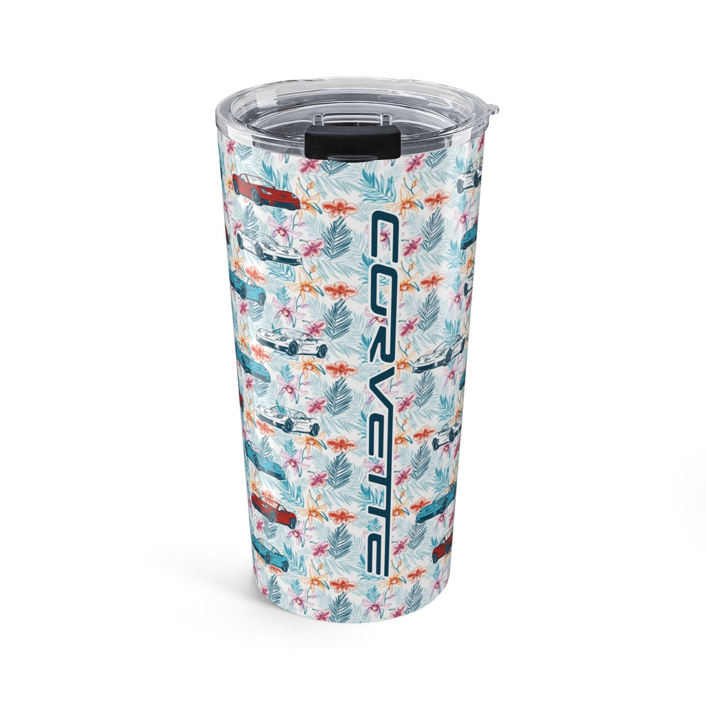 Tumbler with a pattern of cars and 'Corvette' branding on a white background