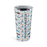 Tumbler with a pattern of cars and 'Corvette' branding on a white background