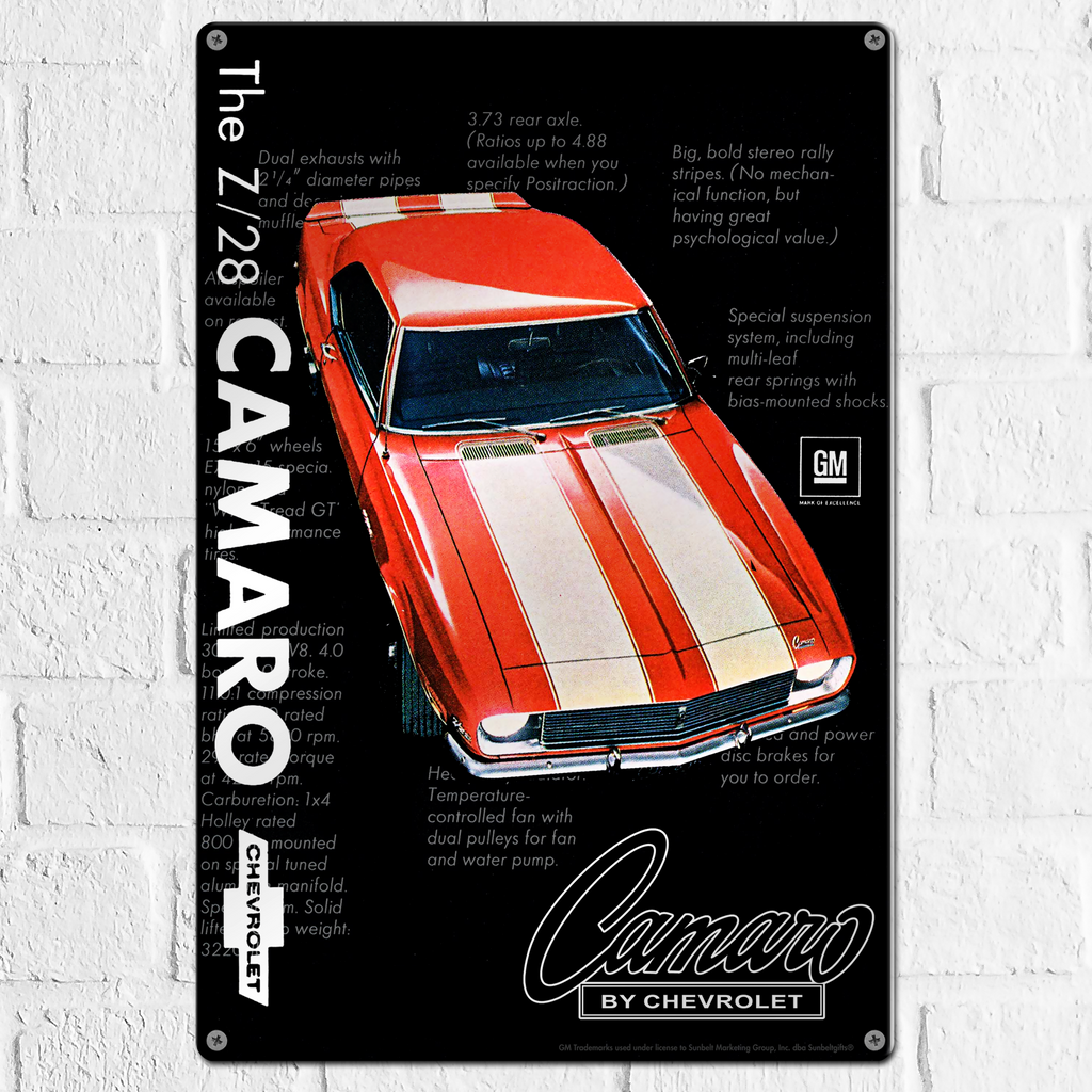 Chevrolet Camaro Z28 Red with White Stripes 18"x12" Metal Wall Decor – Vintage Muscle Car Premium Aluminum Wall Art, Classic Muscle Car Decor for Garage, Man Cave, Bar, or Home