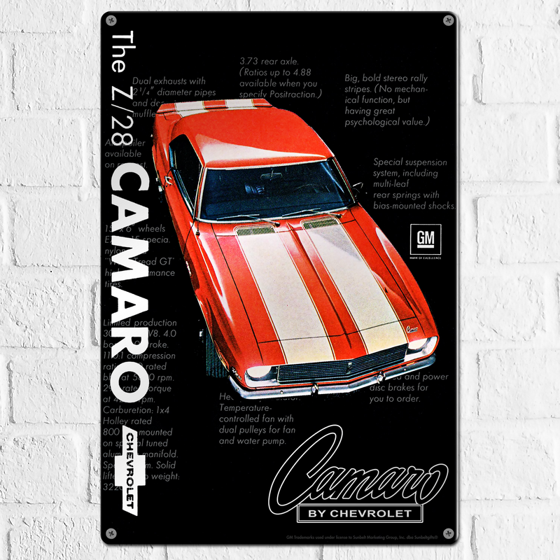 Chevrolet Camaro Z28 Red with White Stripes 12"x18" Metal Wall Decor – Vintage Muscle Car Premium Aluminum Wall Art, Classic Muscle Car Decor for Garage, Man Cave, Bar, or Home