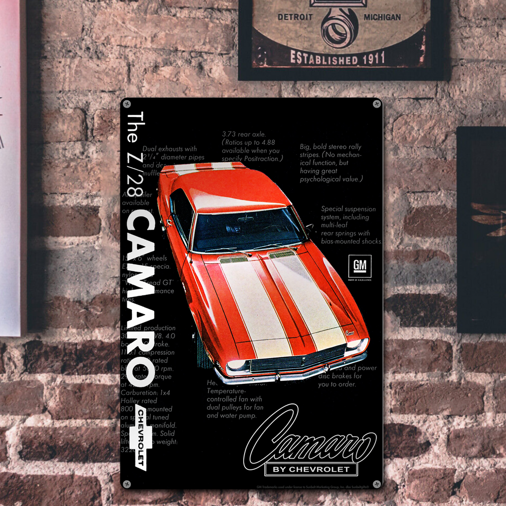 Chevrolet Camaro Z28 Red with White Stripes 18"x12" Metal Wall Decor – Vintage Muscle Car Premium Aluminum Wall Art, Classic Muscle Car Decor for Garage, Man Cave, Bar, or Home
