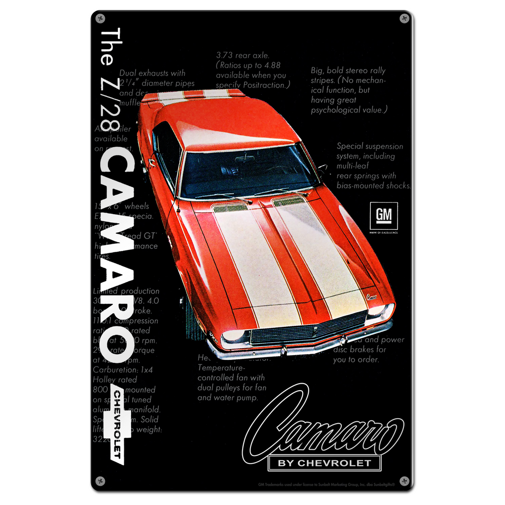 Chevrolet Camaro Z28 Red with White Stripes 18"x12" Metal Wall Decor – Vintage Muscle Car Premium Aluminum Wall Art, Classic Muscle Car Decor for Garage, Man Cave, Bar, or Home