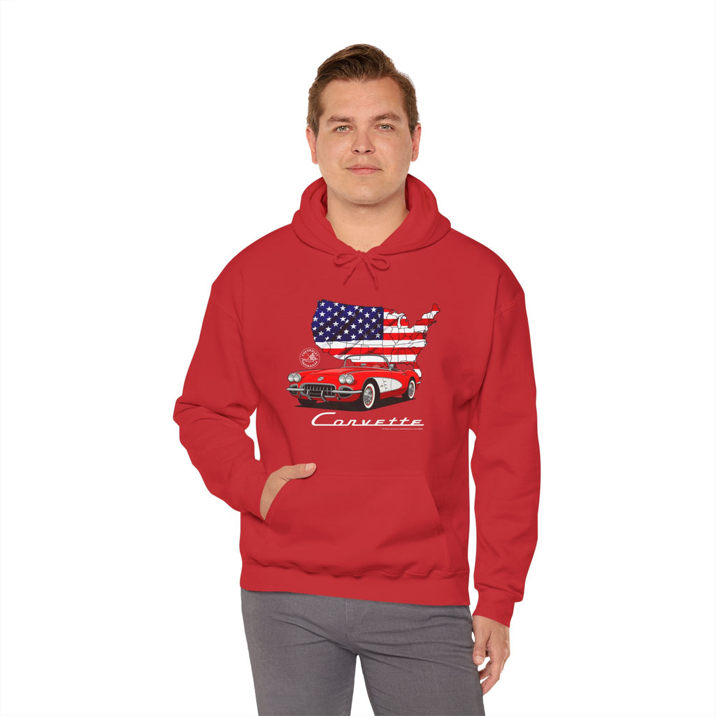 C1 Corvette American Flag Cotton Blend Hooded Sweatshirt – Legends of the Road, Perfect for the Corvette Fan