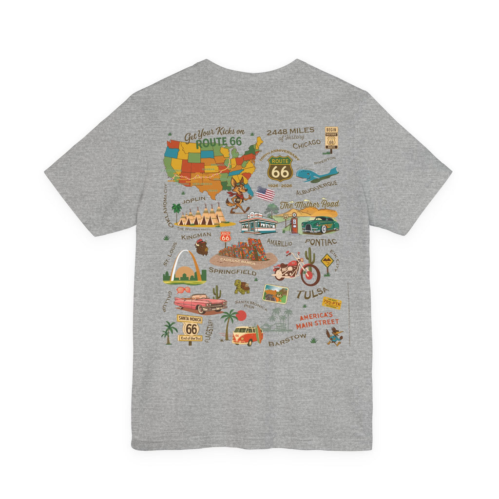 Legends of Route 66 100th Anniversary Landmark Collage Design Cotton Front and Back Printed Short Sleeve Tee