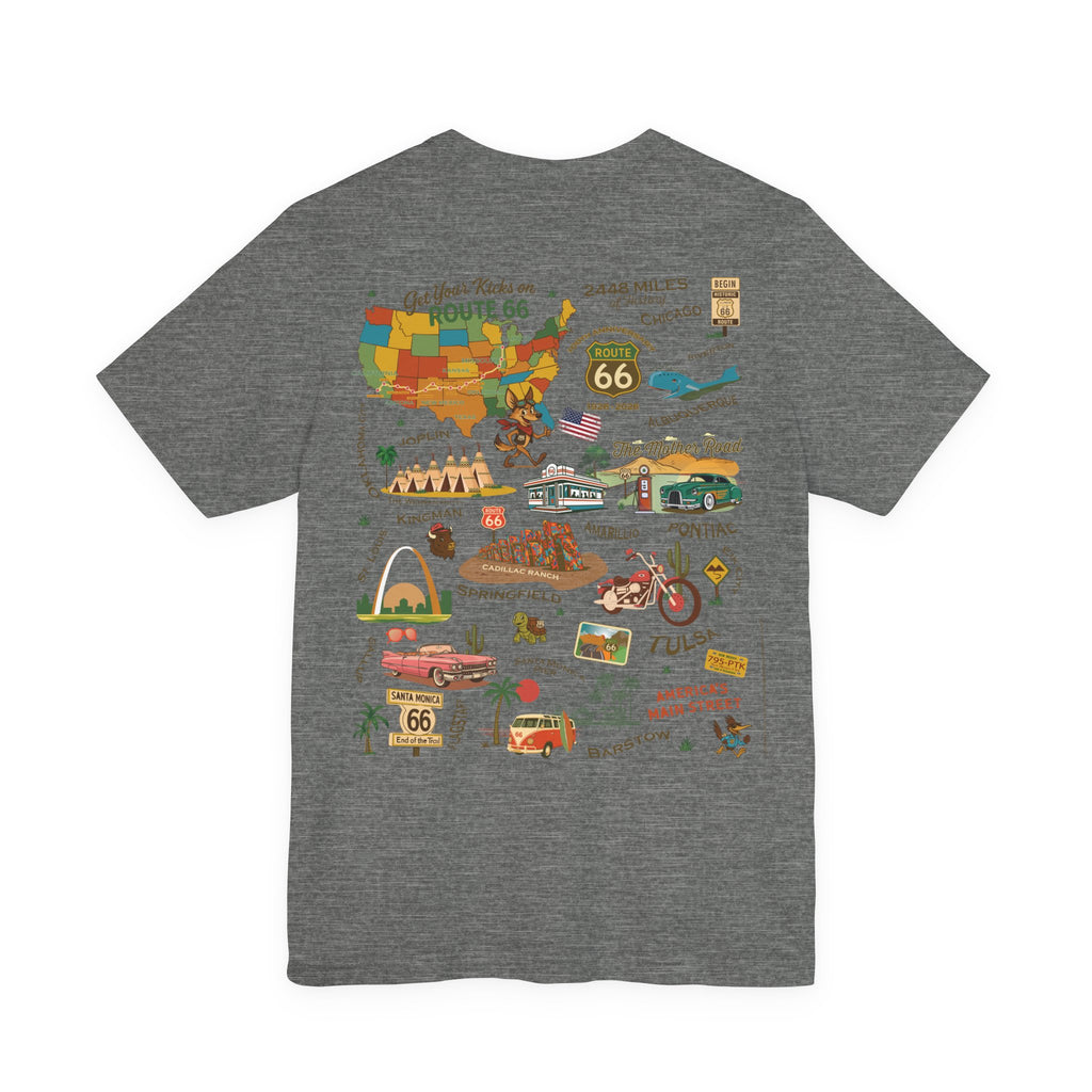 Legends of Route 66 100th Anniversary Landmark Collage Design Cotton Front and Back Printed Short Sleeve Tee