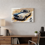 Carroll Shelby White GT350 Sports Coupe Comic Illustration with Shelby Cobra Snake Canvas Wall Art