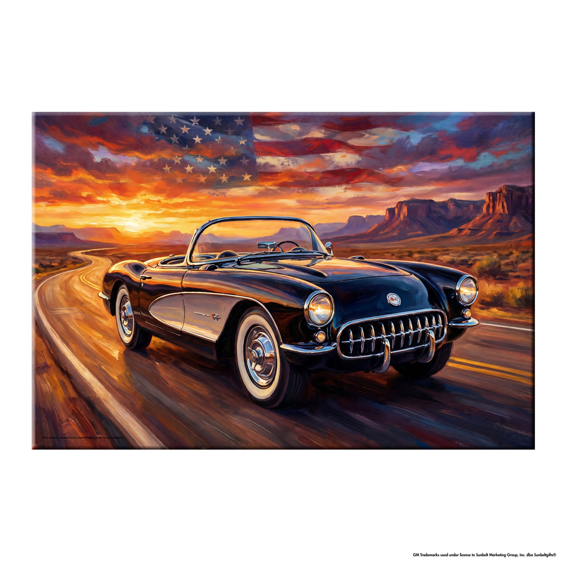 A square art print depicting a black classic convertible sports car driving on a desert road at sunset, with a dramatic orange sky, distant rock formations, and an American flag in the clouds. The print is shown centered on a white background.