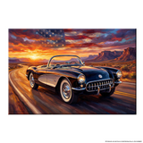 A square art print depicting a black classic convertible sports car driving on a desert road at sunset, with a dramatic orange sky, distant rock formations, and an American flag in the clouds. The print is shown centered on a white background.
