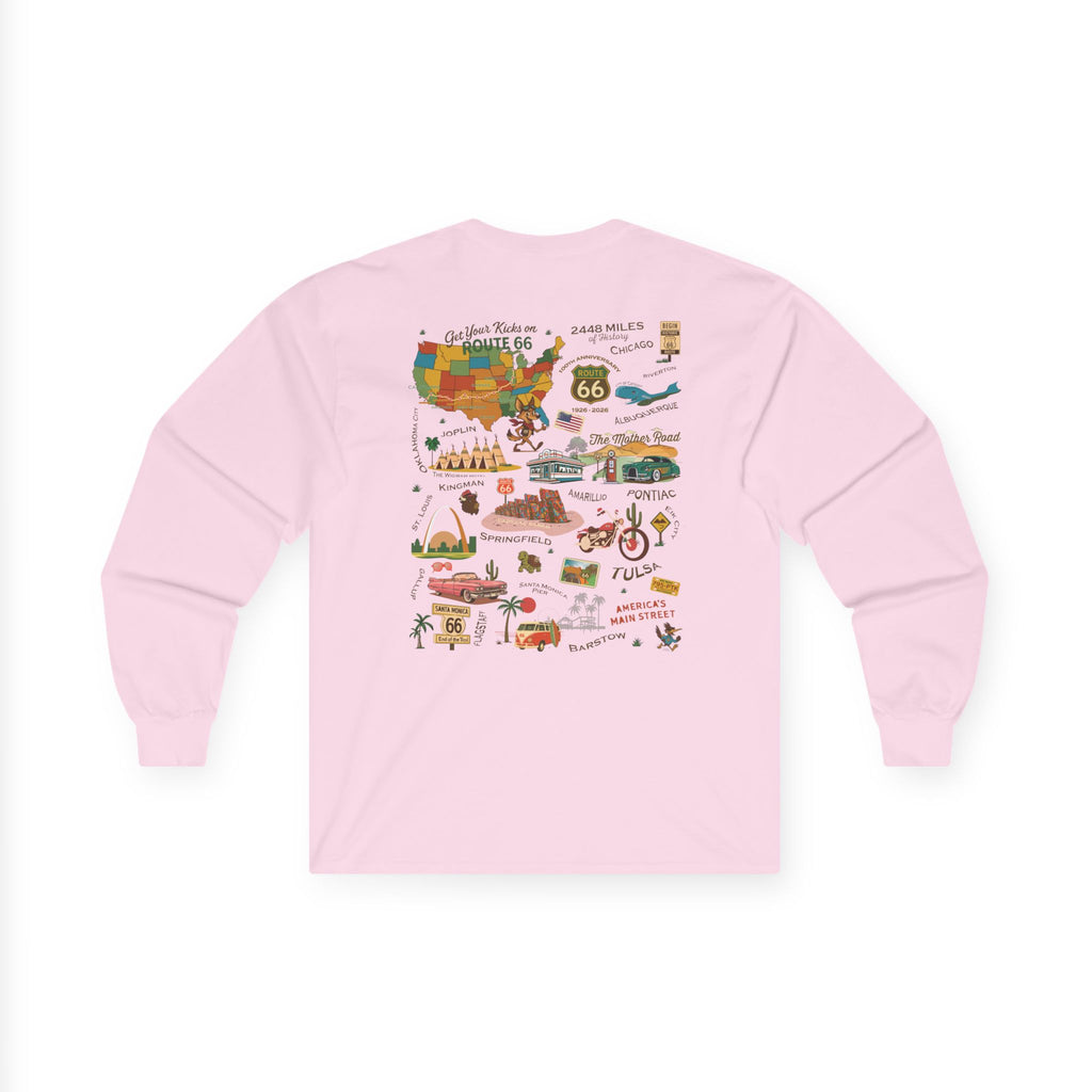 Legends of Route 66 100th Anniversary Landmark Collage Design Cotton Front and Back Printed Tee- Long Sleeve