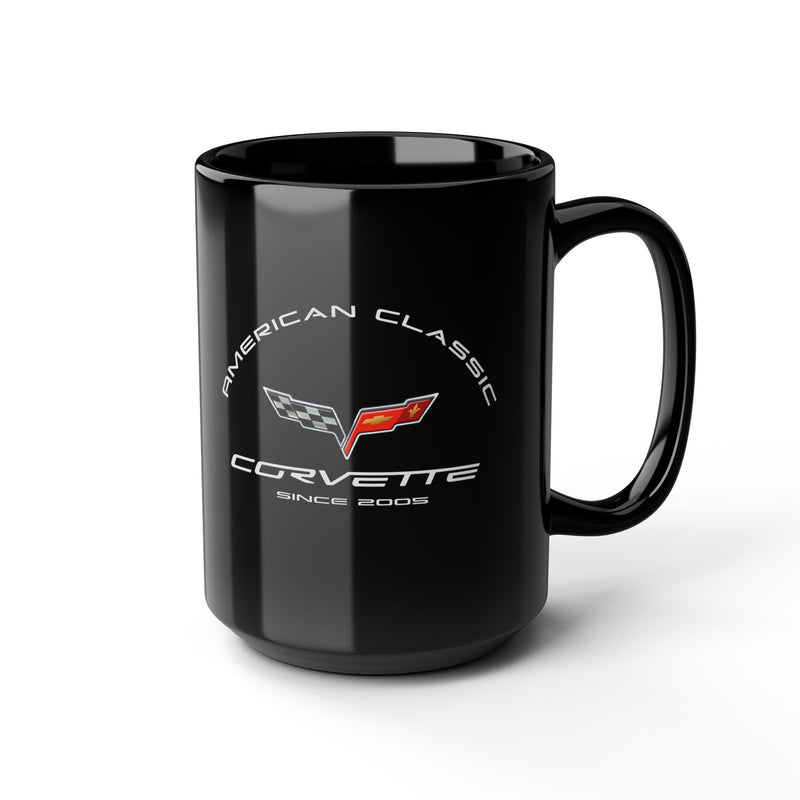 Black mug with text and design on a white background