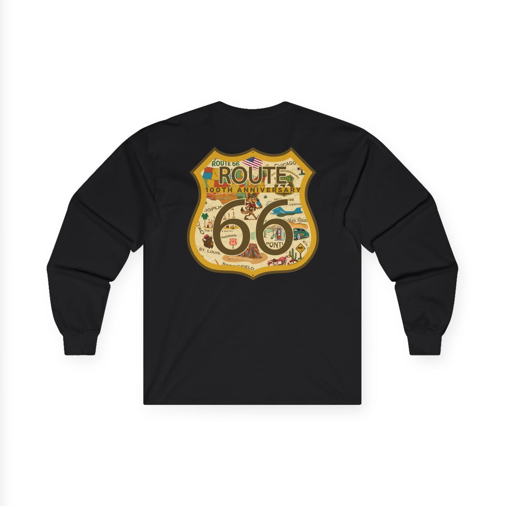 Legends of Route 66 100th Anniversary Iconic Highway Shield Design Cotton Front and Back Printed Tee - Long Sleeve