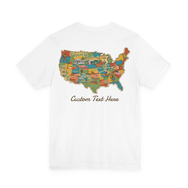Legends of Route 66 100th Anniversary Landmark Map Design Cotton Front and Back Printed Personalized Short Sleeve Tee