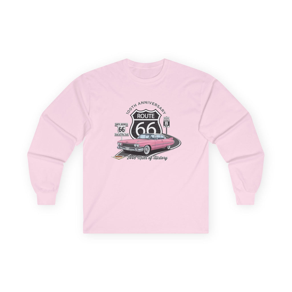 Pink Cadillac Route 66 Long Sleeve Tee 100th Anniversary Legends of the Road Retro Graphic T-Shirt